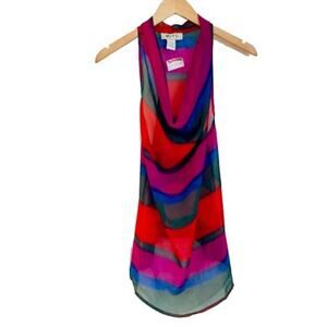 MYTH NYC Striped Multicolor Sheer Cowl Tunic Top Sleeveless Drape Blouse SMALL